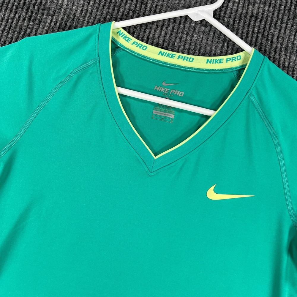 Nike Pro Shirt Womens Medium‎ Green Short Sleeve V Neck Fitted Workout Training